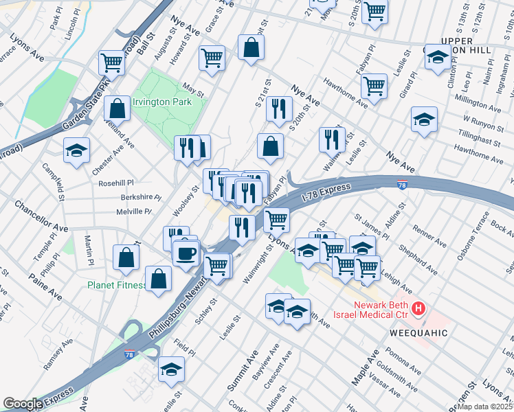 map of restaurants, bars, coffee shops, grocery stores, and more near 467 Lyons Avenue in Newark