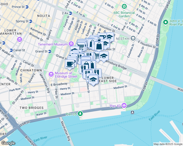map of restaurants, bars, coffee shops, grocery stores, and more near 415 Grand Street in New York