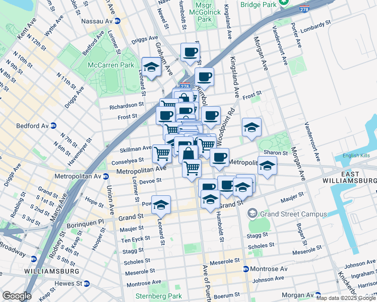 map of restaurants, bars, coffee shops, grocery stores, and more near 176 Skillman Avenue in Brooklyn