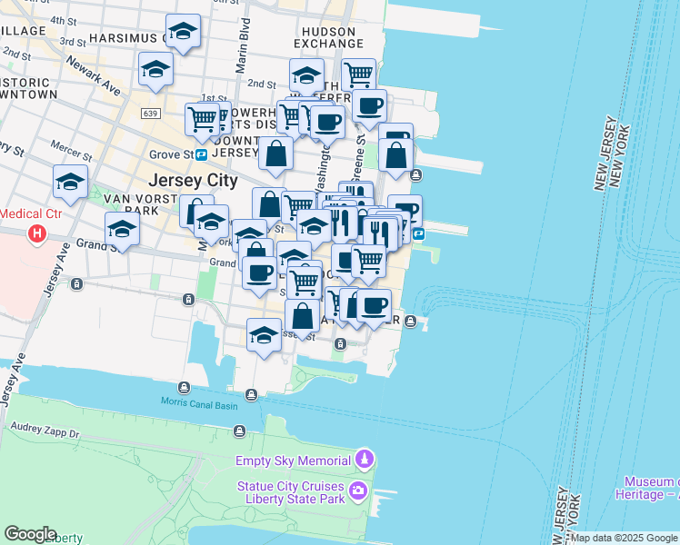 map of restaurants, bars, coffee shops, grocery stores, and more near 95 Greene Street in Jersey City