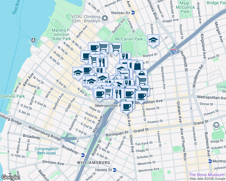 map of restaurants, bars, coffee shops, grocery stores, and more near in Brooklyn