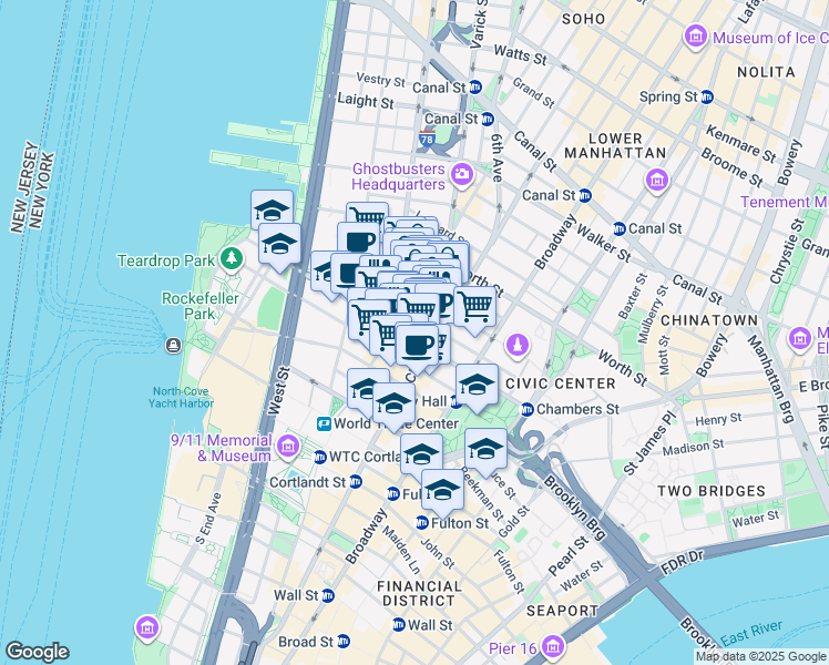 map of restaurants, bars, coffee shops, grocery stores, and more near in New York