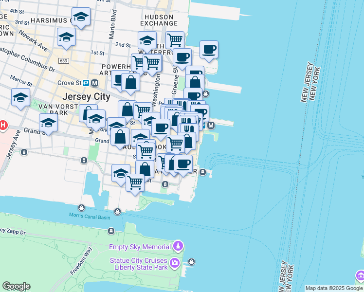 map of restaurants, bars, coffee shops, grocery stores, and more near 99 Hudson Street in Jersey City