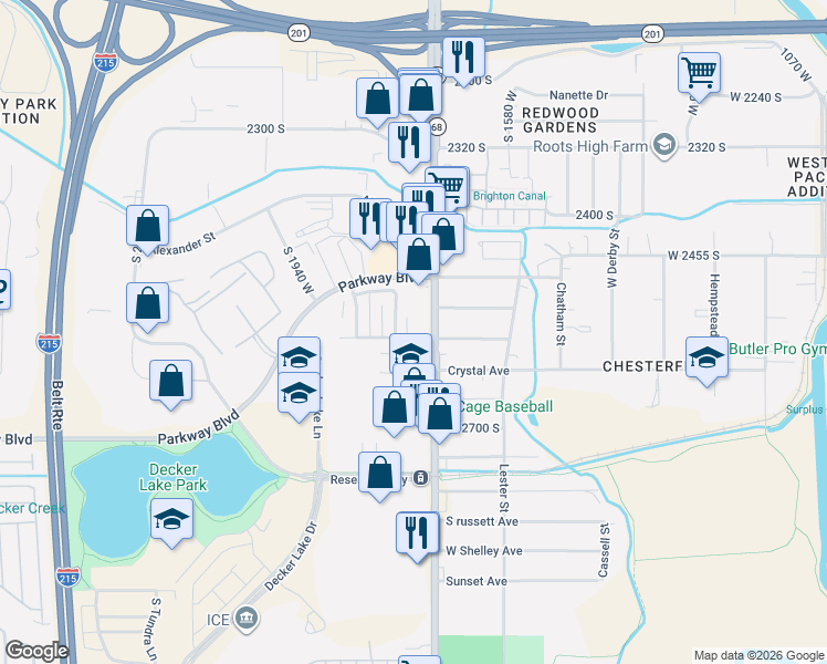 map of restaurants, bars, coffee shops, grocery stores, and more near 2532 South Lake Park Circle in West Valley City
