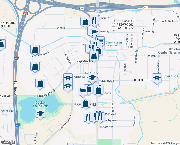 map of restaurants, bars, coffee shops, grocery stores, and more near 2532 South Lake Park Circle in West Valley City