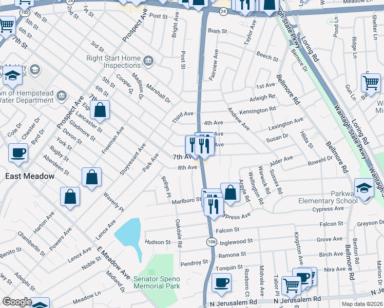 map of restaurants, bars, coffee shops, grocery stores, and more near 2472 6th Avenue in East Meadow