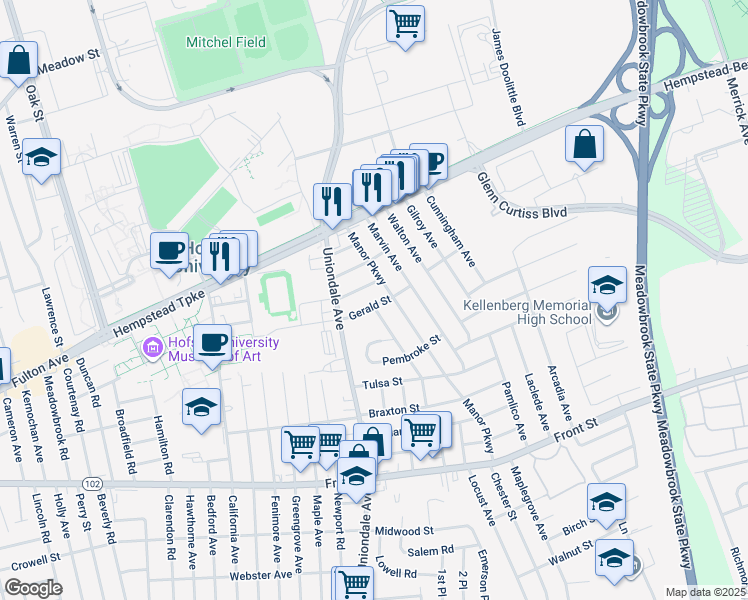map of restaurants, bars, coffee shops, grocery stores, and more near 73 Manor Parkway in Uniondale