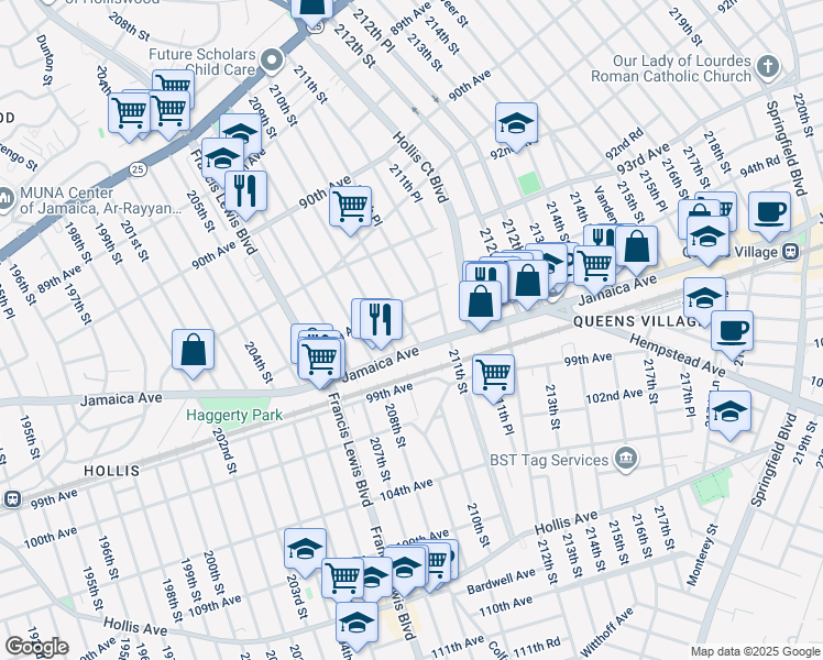 map of restaurants, bars, coffee shops, grocery stores, and more near 210-11 94th Road in Queens