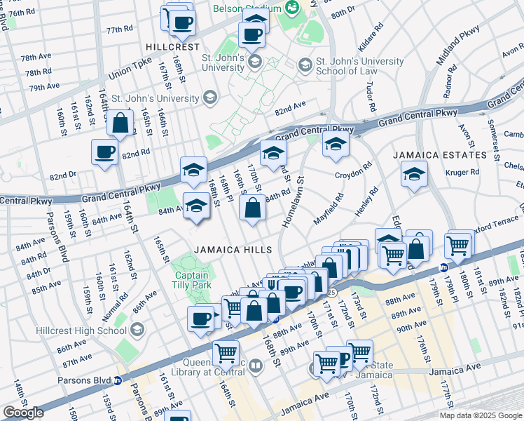 map of restaurants, bars, coffee shops, grocery stores, and more near 170-02 84th Road in Queens