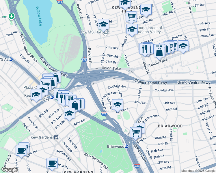 map of restaurants, bars, coffee shops, grocery stores, and more near 13530 Union Turnpike in Queens