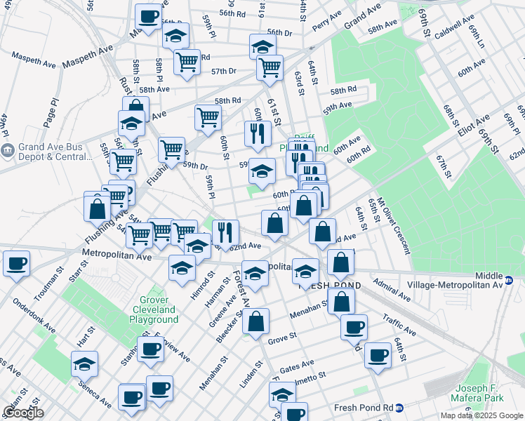 map of restaurants, bars, coffee shops, grocery stores, and more near 60-23 60th Road in Queens