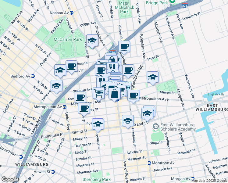 map of restaurants, bars, coffee shops, grocery stores, and more near 141 Skillman Avenue in Brooklyn