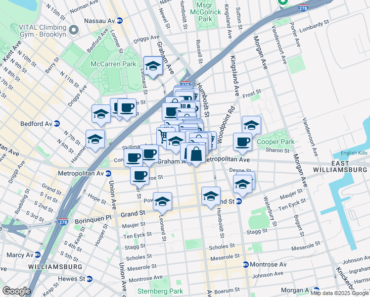 map of restaurants, bars, coffee shops, grocery stores, and more near 141 Skillman Avenue in Brooklyn
