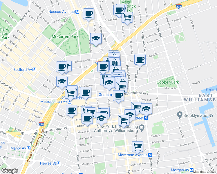 map of restaurants, bars, coffee shops, grocery stores, and more near 141 Skillman Avenue in Brooklyn