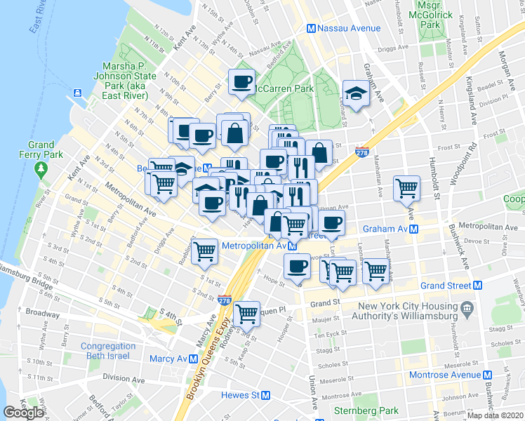 map of restaurants, bars, coffee shops, grocery stores, and more near in Brooklyn