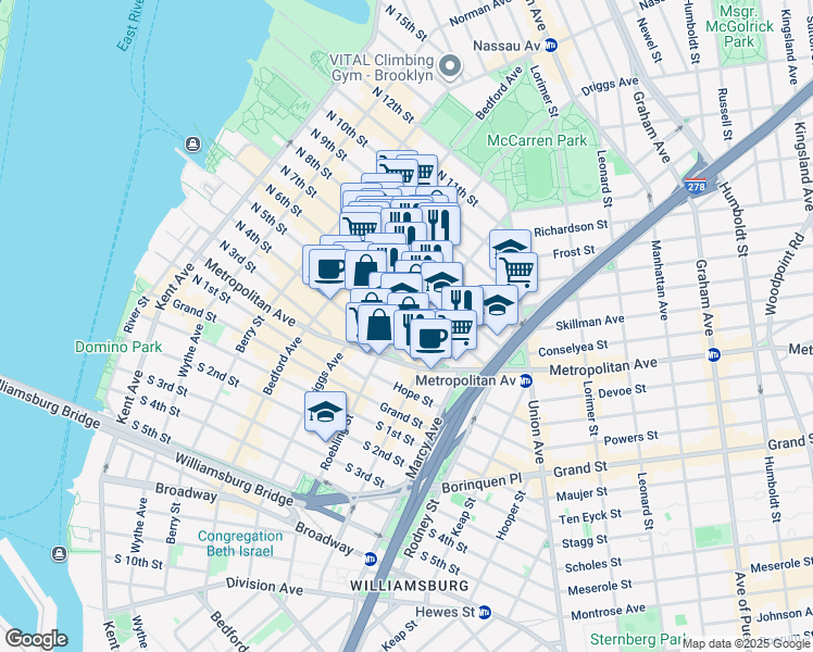 map of restaurants, bars, coffee shops, grocery stores, and more near 88 Roebling Street in Brooklyn