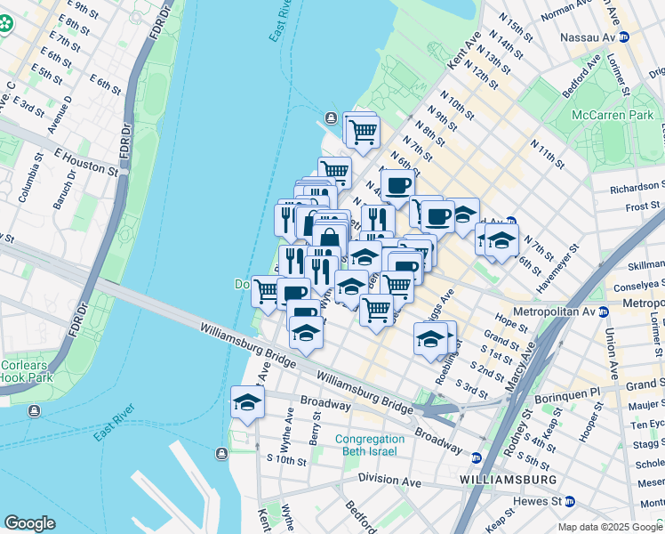 map of restaurants, bars, coffee shops, grocery stores, and more near 73 Grand Street in Brooklyn