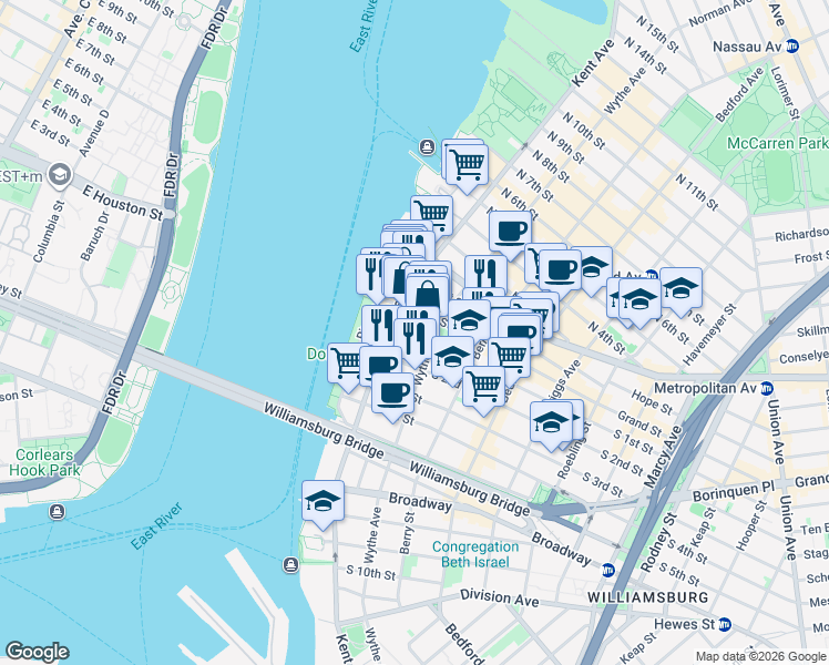 map of restaurants, bars, coffee shops, grocery stores, and more near 73 Grand Street in Brooklyn