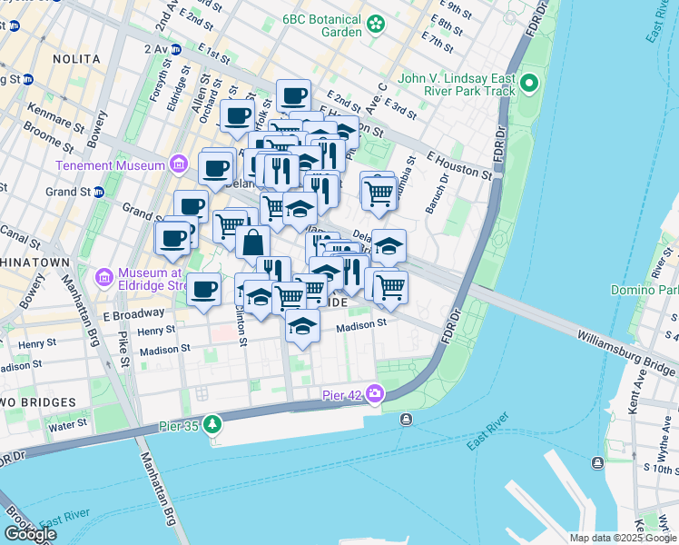 map of restaurants, bars, coffee shops, grocery stores, and more near 25 Willett Street in New York