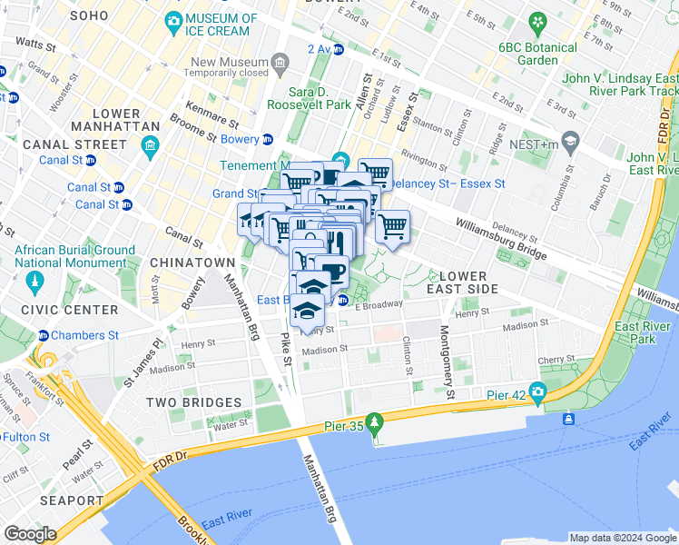 map of restaurants, bars, coffee shops, grocery stores, and more near 25 Essex Street in New York