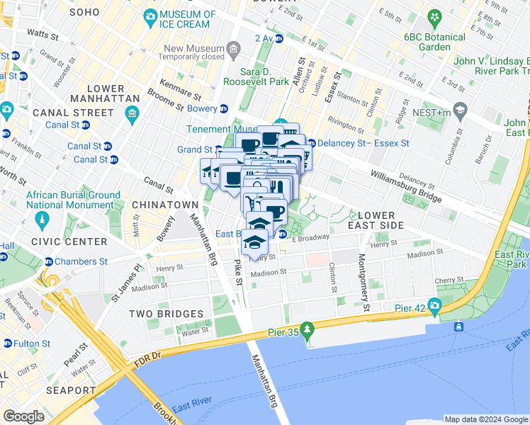 map of restaurants, bars, coffee shops, grocery stores, and more near 25 Essex Street in New York