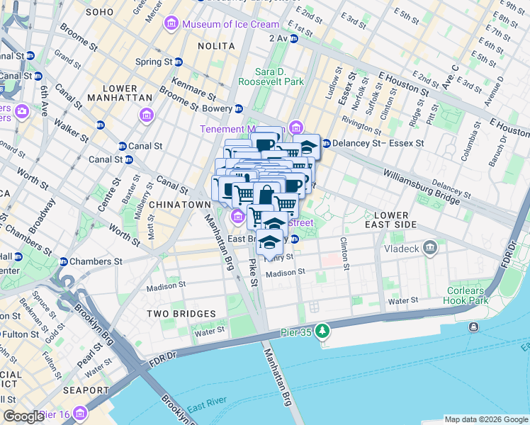 map of restaurants, bars, coffee shops, grocery stores, and more near 50-52 Eldridge Street in New York