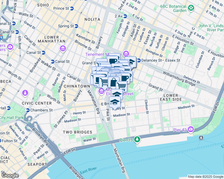 map of restaurants, bars, coffee shops, grocery stores, and more near 50-52 Eldridge Street in New York