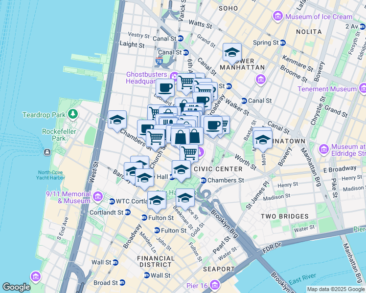 map of restaurants, bars, coffee shops, grocery stores, and more near 12 Thomas Street in New York