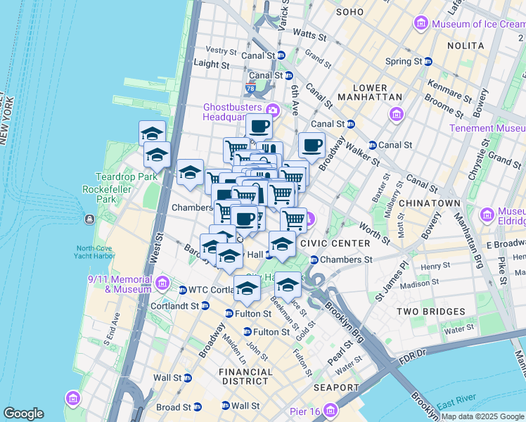 map of restaurants, bars, coffee shops, grocery stores, and more near 30 Thomas Street in New York