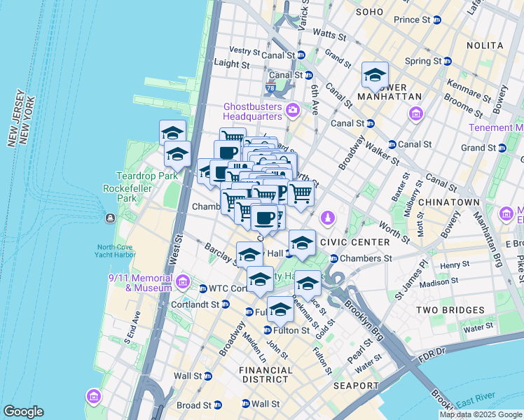 map of restaurants, bars, coffee shops, grocery stores, and more near 112 Reade Street in New York