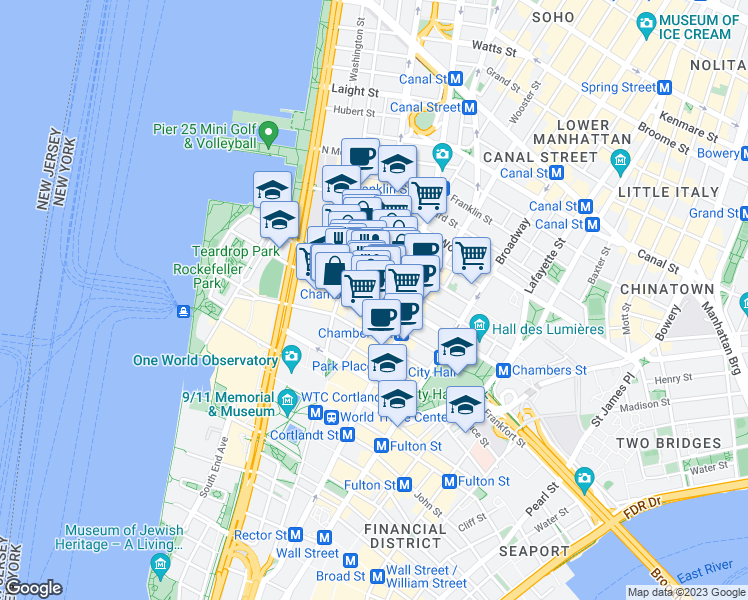 map of restaurants, bars, coffee shops, grocery stores, and more near 155 Chambers Street in New York