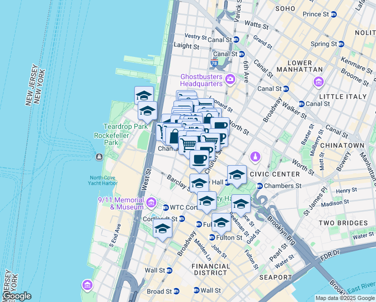 map of restaurants, bars, coffee shops, grocery stores, and more near 155 Chambers Street in New York