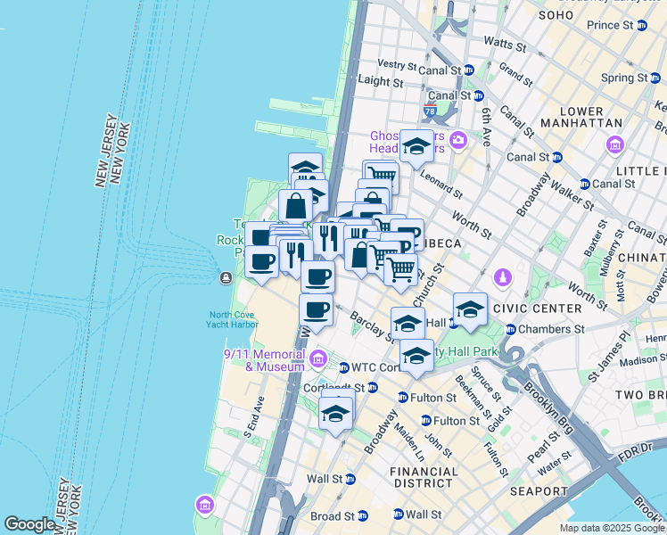 map of restaurants, bars, coffee shops, grocery stores, and more near 171 West Street in New York