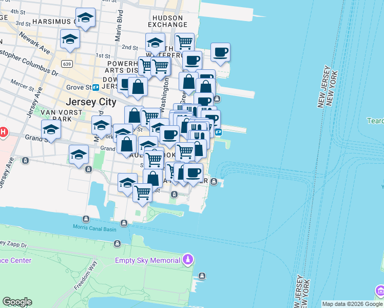 map of restaurants, bars, coffee shops, grocery stores, and more near 99 Hudson Street in Jersey City