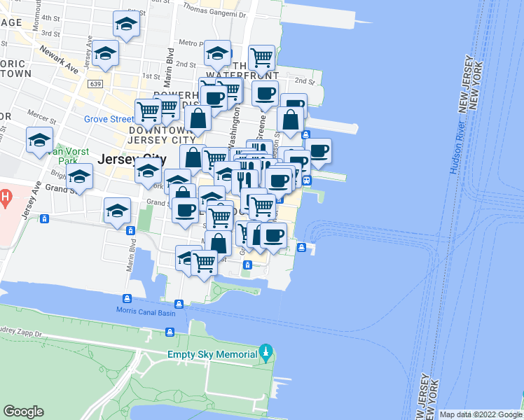 map of restaurants, bars, coffee shops, grocery stores, and more near 31 Montgomery Street in Jersey City