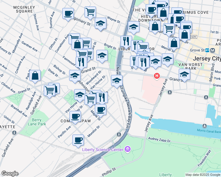 map of restaurants, bars, coffee shops, grocery stores, and more near 510 Pacific Avenue in Jersey City