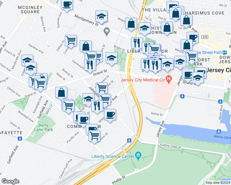 map of restaurants, bars, coffee shops, grocery stores, and more near 451/2 Halladay Street in Jersey City
