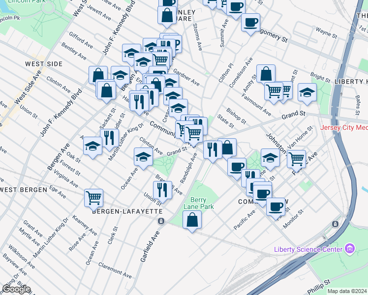 map of restaurants, bars, coffee shops, grocery stores, and more near 498 Communipaw Avenue in Jersey City
