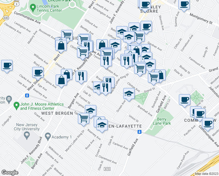 map of restaurants, bars, coffee shops, grocery stores, and more near 596 Bramhall Avenue in Jersey City