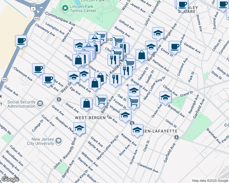 map of restaurants, bars, coffee shops, grocery stores, and more near 249 Union Street in Jersey City
