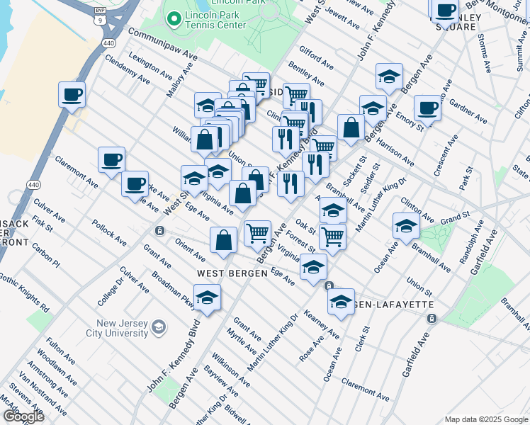 map of restaurants, bars, coffee shops, grocery stores, and more near 249 Union Street in Jersey City