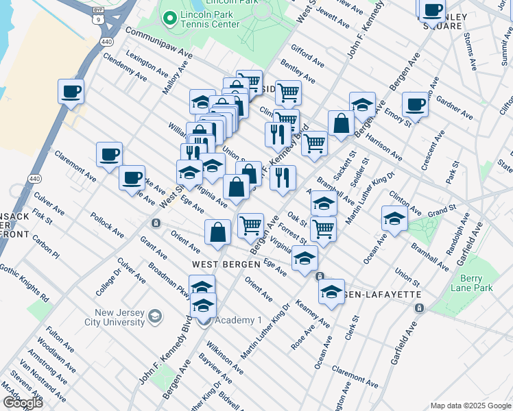 map of restaurants, bars, coffee shops, grocery stores, and more near 2255 John F. Kennedy Boulevard in Jersey City