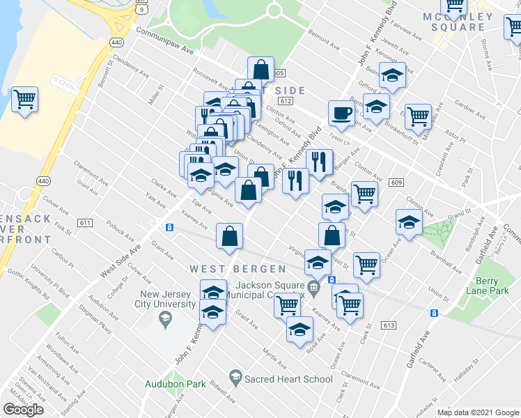 map of restaurants, bars, coffee shops, grocery stores, and more near 2255 John F. Kennedy Boulevard in Jersey City