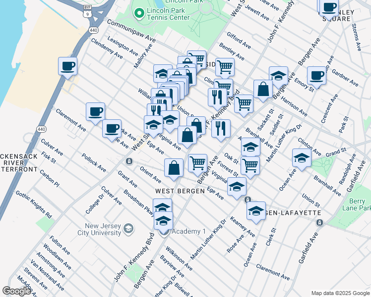 map of restaurants, bars, coffee shops, grocery stores, and more near 2255 John F. Kennedy Boulevard in Jersey City