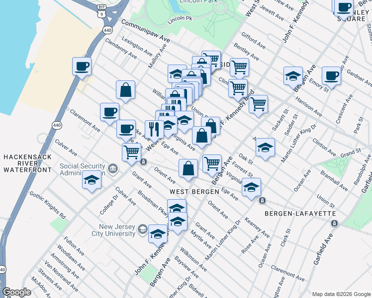 map of restaurants, bars, coffee shops, grocery stores, and more near 208 Virginia Avenue in Jersey City