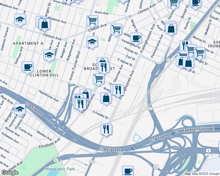 map of restaurants, bars, coffee shops, grocery stores, and more near 25 Clifton Street in Newark