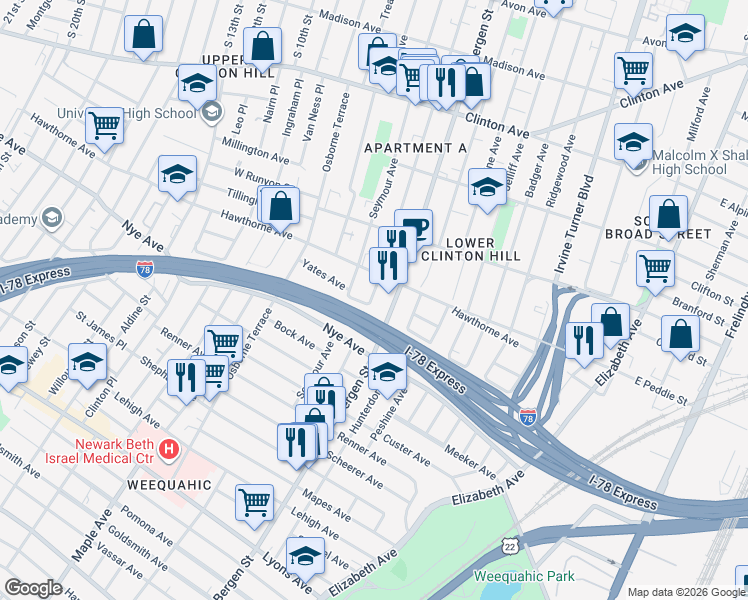 map of restaurants, bars, coffee shops, grocery stores, and more near in Newark