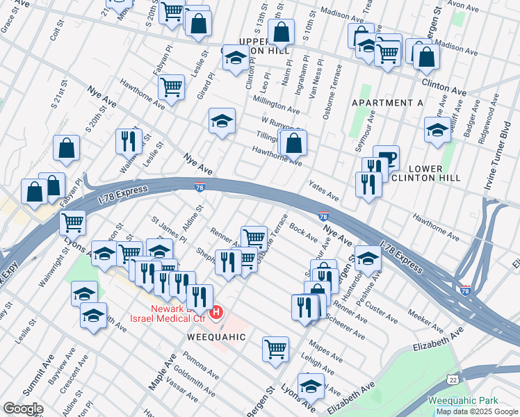 map of restaurants, bars, coffee shops, grocery stores, and more near 37 Schuyler Avenue in Newark