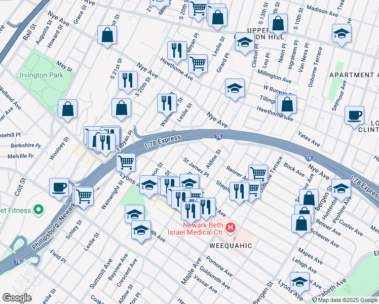 map of restaurants, bars, coffee shops, grocery stores, and more near 19 Edwin Place in Newark