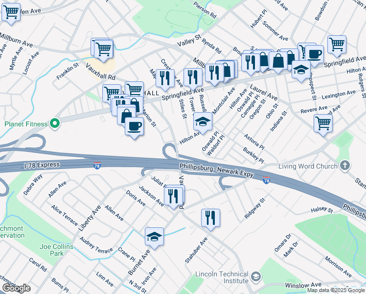 map of restaurants, bars, coffee shops, grocery stores, and more near 116 Hilton Avenue in Union